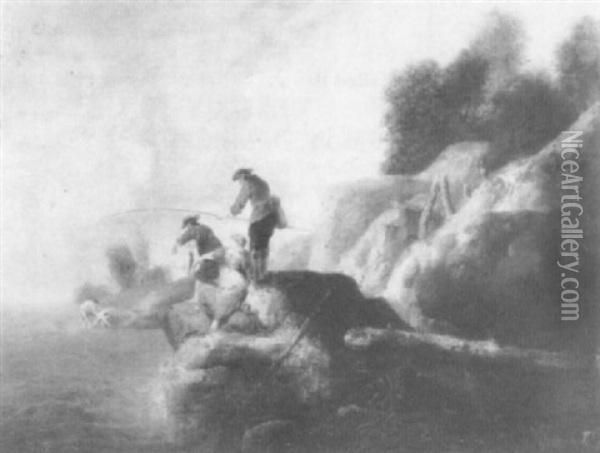 A Coastal Landscape With Anglers                            On Rocks By A Waterfall Oil Painting - Charles Francois Lacroix