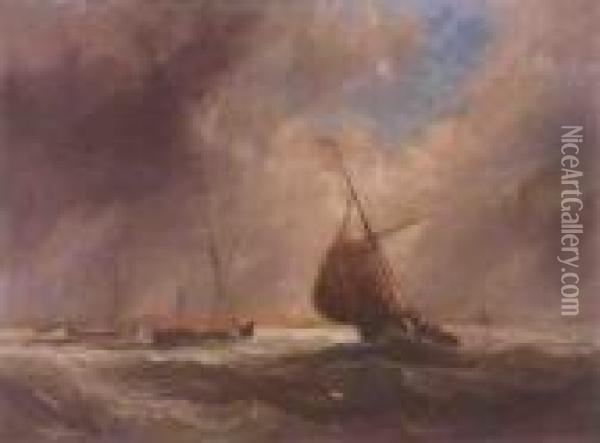 Dutch Barges Riding Out A Squall Off The Low Countries Oil Painting - John Wilson Carmichael