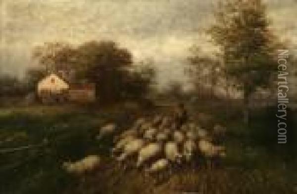 Shepherd With Flock Oil Painting - George A.E., Geo Riecke