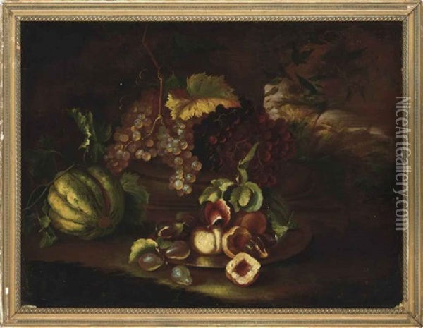 Grapes, Melon, Figs And Peaches On A Ledge Oil Painting - Felice Boselli