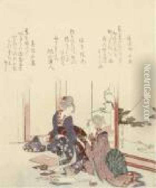 Two Surimono With Gauffrage And Metallic Embellishments Oil Painting - Katsushika Hokusai