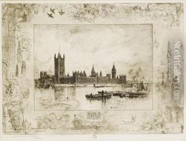 Westminster Palace; Westminster Clock Tower Oil Painting - Felix-Hilaire Buhot