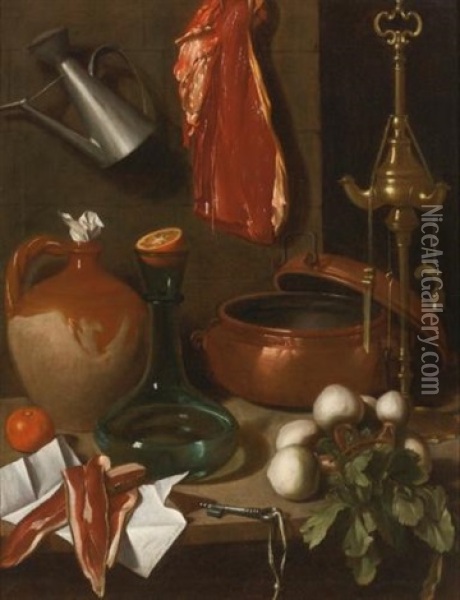 A Kitchen Still Life With Hung Meat, A Bunch Of Turnips, Oil Lamp, An Earthenware Jug, Brass Pans, A Glass Decanter Sealed With Half An Orange, A Key, And Pork ( Guanciale ) Resting On A Piece Of Paper, All Upon A Table-top Oil Painting - Carlo Magini