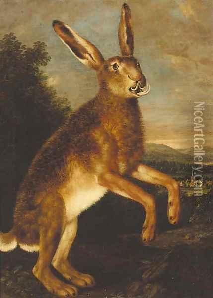A prancing hare, with a town beyond Oil Painting - Johann Elias Ridinger or Riedinger