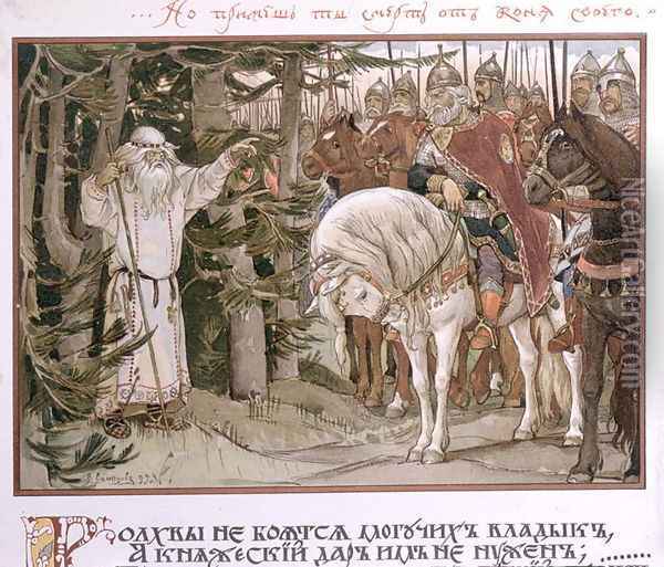 Prince Oleg (d.c.912) meets the soothsayer who prophesizes that his horse will be the cause of his death, illustration from The Song of Oleg the Wise. 1899 Oil Painting - V. Vaznetzov