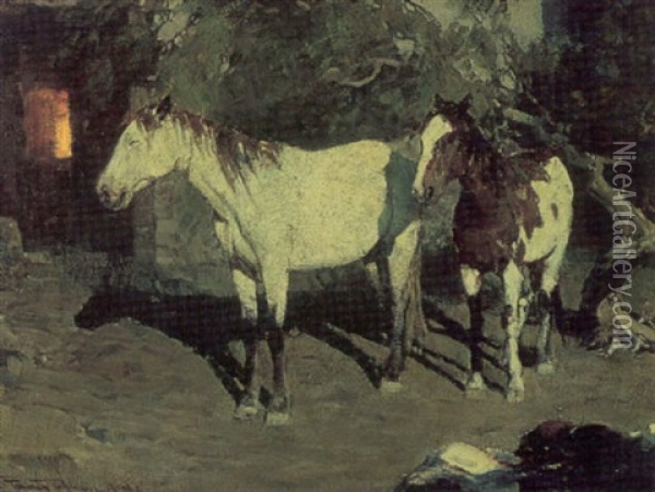 Pinto Ponies Oil Painting - Frank Tenney Johnson