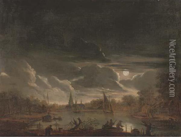 A Moonlit River Landscape With Fishermen Drawing In Their Nets Oil Painting - Aert van der Neer