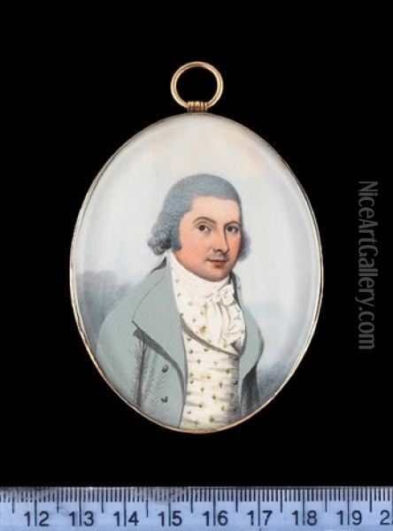 A Gentleman, Wearing Pale Green Coat Over Cream Waistcoat Sprigged With Green And Tied White Cravat, His Hair Curled And Powdered Oil Painting - Frederick Buck