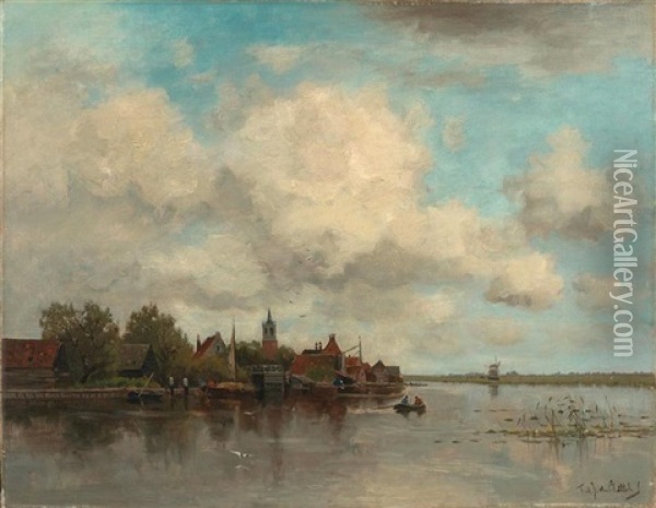 Weite Hollandische Flusslandschaft Mit Boten Oil Painting - Fredericus Jacobus Van Rossum Du Chattel