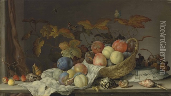 Plums And Peaches In A Woven Basket Leaning On A Wan-li Porcelain Bowl, With Grapes, Cherries, Shells, A Lizard, A Dragonfly And Other Insects, On A Stone Ledge Oil Painting - Balthasar Van Der Ast