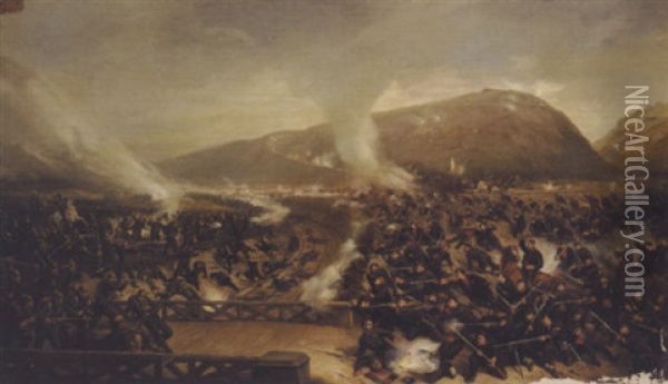 Slagscene I En Bjergdal, I Baggrunden Landsby Oil Painting - Edouard Jean Baptiste Detaille