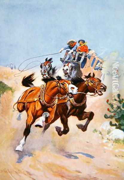 Stagecoach pursued by Indians Oil Painting - Stanley L. Wood
