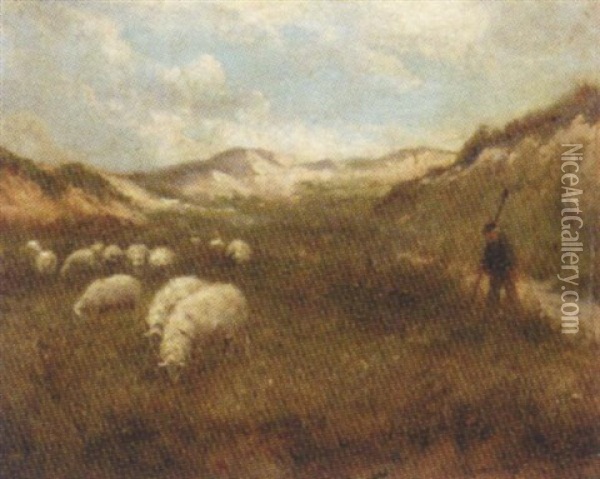 Duingezicht La Panne: Guiding The Flock Through The Dunes Oil Painting - Cornelis Christiaan Dommelshuizen