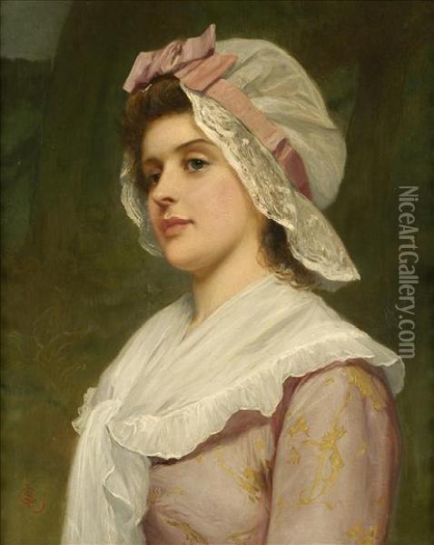 Summerbloom, Study Of A Young Woman, Half Length, Wearing Ribbon Trimmedlace Bonnet Oil Painting - Charles Sillem Lidderdale