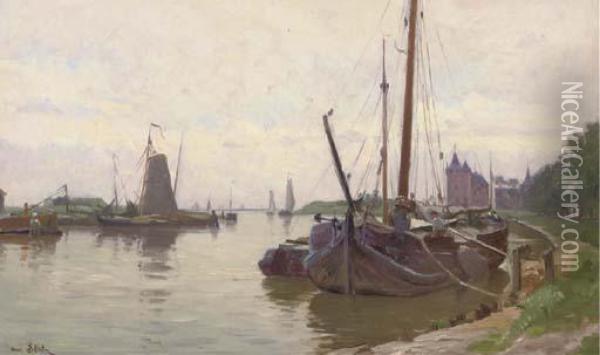Boats In The Harbour Of Muiden, With The Muiderslot In The Distance Oil Painting - Henri Saintin