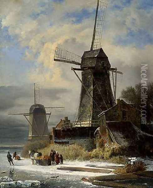 Winter Landscape with a moulin Oil Painting - Andreas Schelfhout