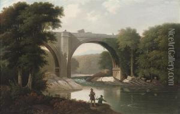 Anglers Fishing Before Devil's Bridge Oil Painting - I. Rothwell