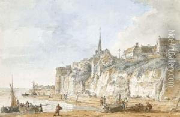 Un Village Fortifie Au Bord 
D'une Falaise Surplombant La Mer, Des Pecheurs Au Premier Plan Oil Painting - Alexis Nicolas Perignon