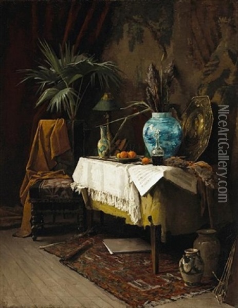 An Interior With A Still Life Of An Oriental Vase, Oranges, A Carafe Of Wine And A Sheet Of Music On A Table Oil Painting - Alexander Mann