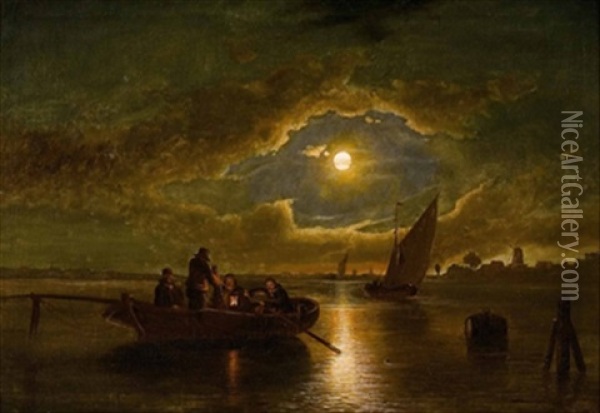 Fischerboote In Vollmondnacht Oil Painting - Theodor Genenger