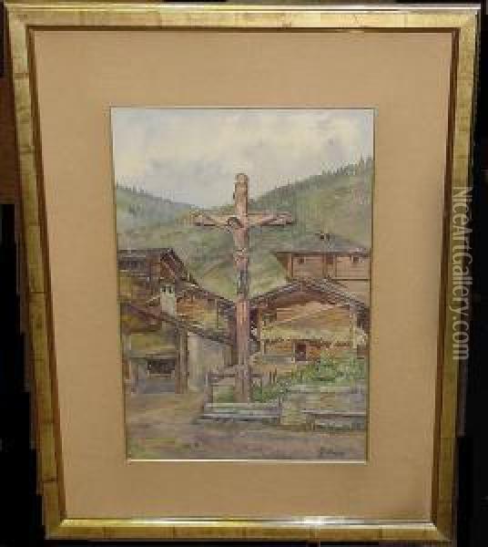 Alpine Village With Crucifixion Oil Painting - Arthur Jean Bapt. Calame
