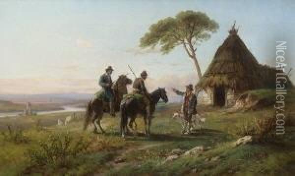 Berittene Hirten Vor Der
 Bauernkate Oil Painting - Johann Zahnd