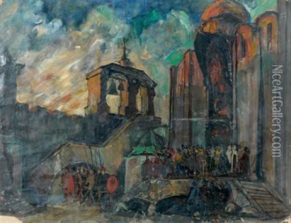Decor De Theatre De La Ville De Kitege Oil Painting - Georgi Alexandrovich Lapchine