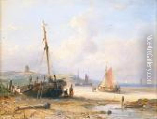 Ship In The Harbor Oil Painting - Andreas Schelfhout