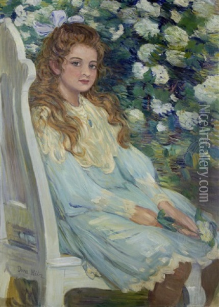 Portrait Of A Girl, Seated, Wearing A Blue Dress Oil Painting - Dora Hitz