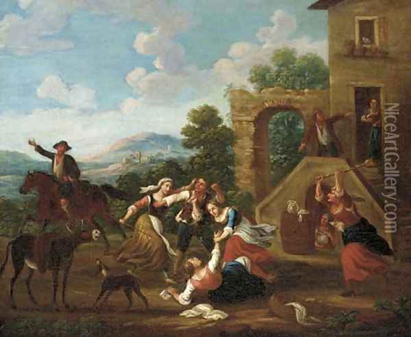 Countryfolk fighting before a house Oil Painting - Paolo Monaldi
