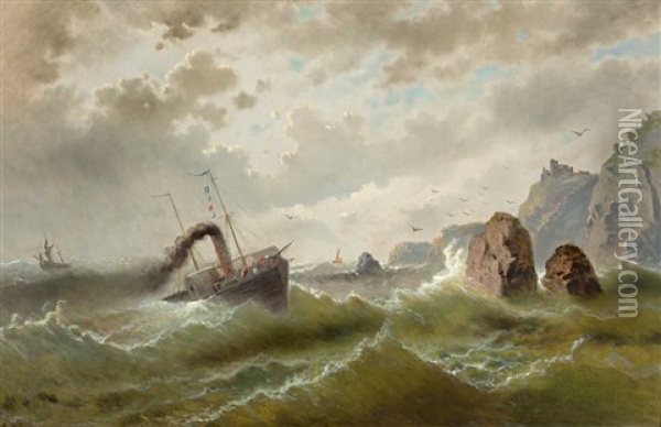Segelboote Und Raddampfer In Sturmischer See Vor Schroffer Felsenkuste Oil Painting - Albert Rieger