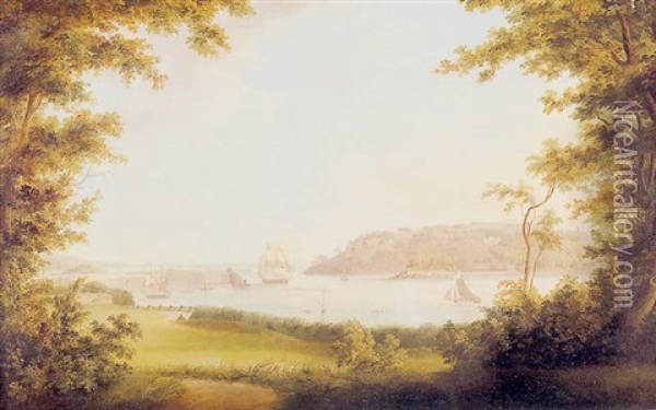 Estuary Scene With Naval Shipping, Mount Edgecumbe House Beyond Oil Painting - Thomas Lyde Hornbrook