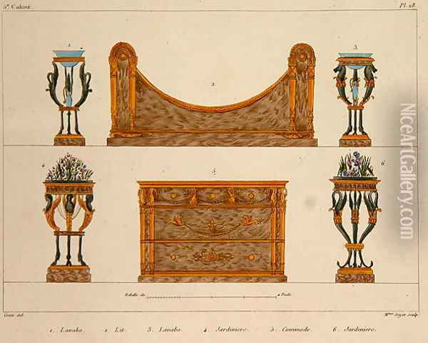Furniture designs, engraved by Mme Soyer, plate 28 from Modeles de Meubles et de decorations interieures pur les meubles, published 1828-41 Oil Painting - M. Santi