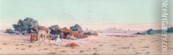 Campement, Environs De Kairouan Oil Painting - Eugene F. A. Deshayes