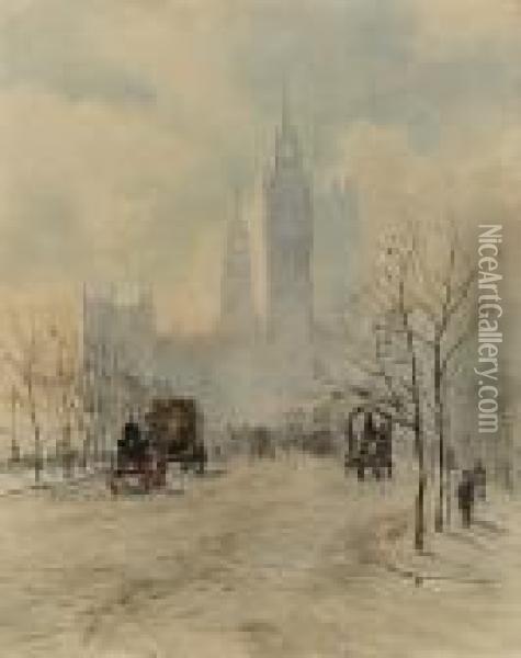 A Winter Morning, Westminster Oil Painting - Herbert Menzies Marshall