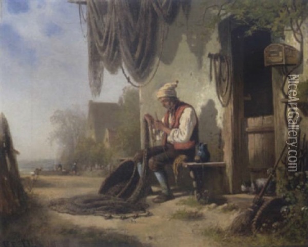 Fischer Beim Netzflicken Vor Seinem Haus Oil Painting - Bernhard Froehlich