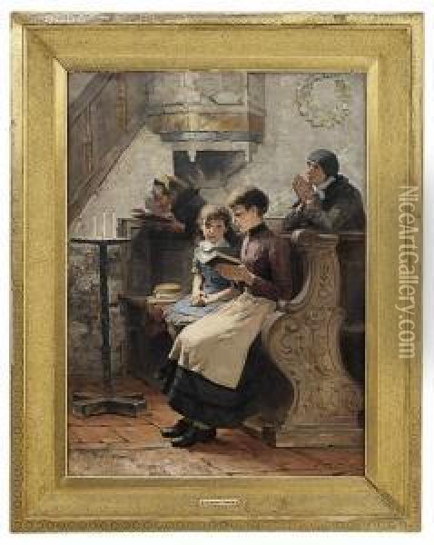 Church Interior Withwomen And Child 1887 Oil Painting - Carlo Frithjol Smith