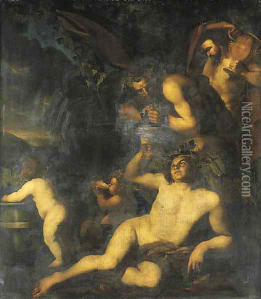 Bacchus drinking in the company of two satyrs and two putti Oil Painting - Dirck Van Voorst