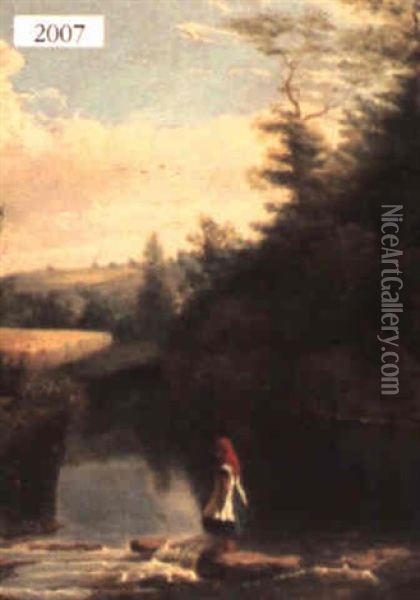 Crossing The River: Girl Standing By The Rapids In A River Oil Painting - Samuel S. Carr