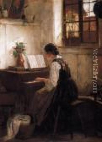 Girl Playing By The Piano Oil Painting - Gustav Igler