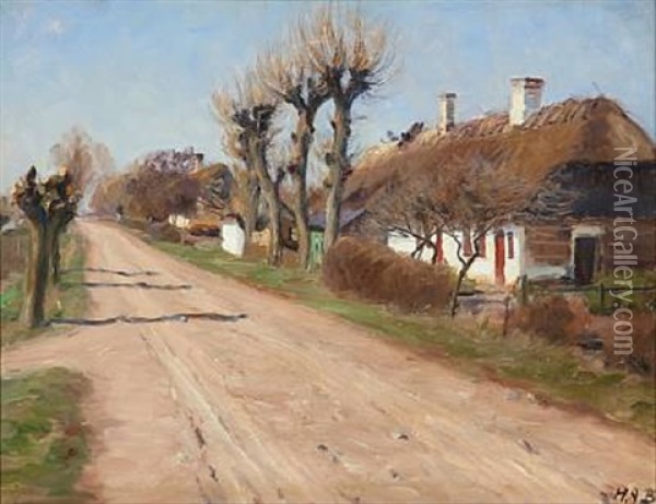 Sunny Day With A Thatched Cottage On A Country Road Oil Painting - Hans Andersen Brendekilde
