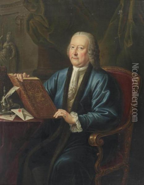 Portrait Of Johan Anthonie Van 
Kinschot (1708-1766), Alderman Of The City Of Delft, 
Three-quarter-length, In A Blue Robe And A White Chemise, Seated At A 
Desk With Writing Materials, Holding A Book Embossed With His Coat Of 
Arms Oil Painting - Philippe Lambert Spruyt