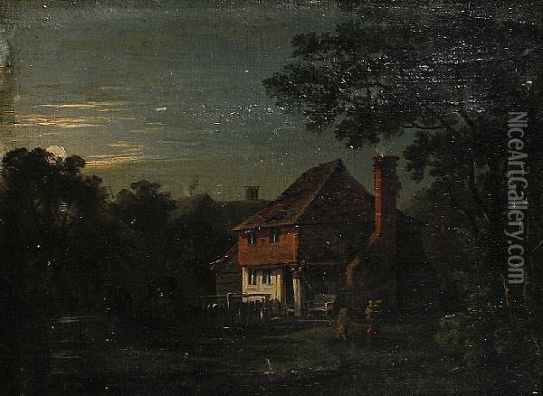 Houses In A Moonlit Landscape Oil Painting - George Jnr Barrett