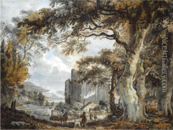 A Capriccio Landscape With Figures Before A Castle Oil Painting - Paul Sandby