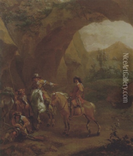 Landscape With Troopers And Soldiers Beneath A Rocky Arch Oil Painting - Adam de Colonia