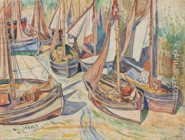 Barques De Peches Sechant Leurs Voiles Pres De Honfleur  Oil Painting - Henri Lienard De Saint-Delis