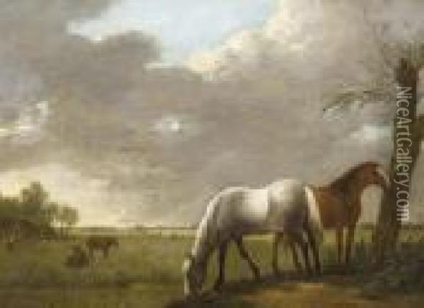 Horses In A Field Oil Painting - Hendrick Willelm Schweickhardt