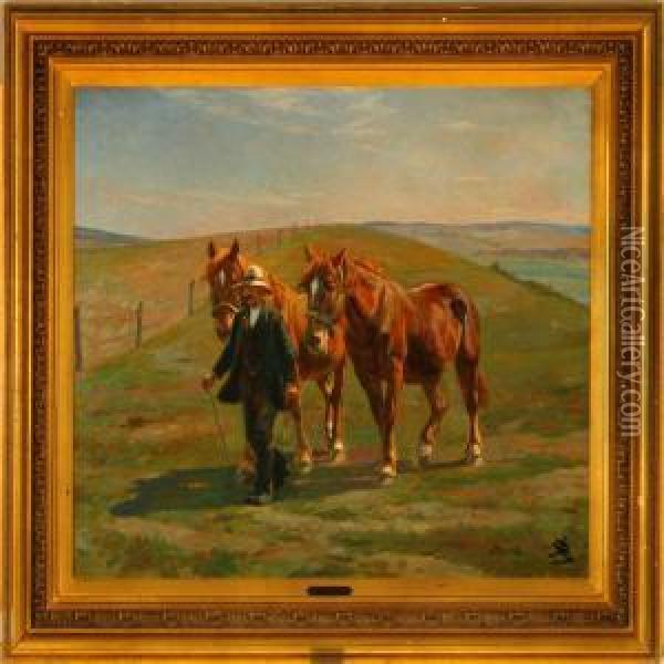 A Farmer With Histwo Horses Oil Painting - Johannes Resen-Steenstrup