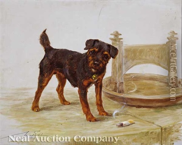 Terrier Pup With Discarded Cigar And Boot Scraper Oil Painting - Maud Earl