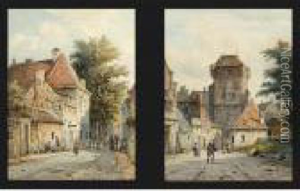 Figures Near A Town Gate; A Streetscene In A Dutch Town Oil Painting - Adrianus Eversen